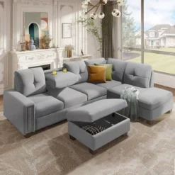 ModernLuxe 108" Reversible L-Shape Sectional Sofa with Storage Ottoman and Cup Holders