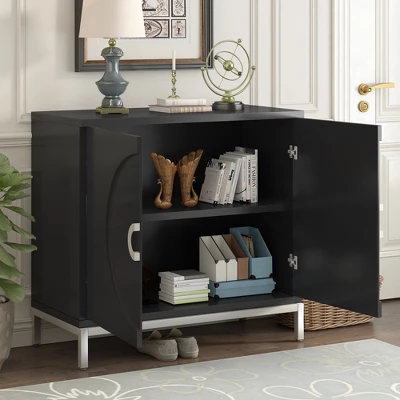 34" Simple Accent Storage Cabinet With Solid Wood Veneer And Metal Leg Frames - ModernLuxe 4 34" Simple Accent Storage Cabinet With Solid Wood Veneer And Metal Leg Frames - ModernLuxe - Image 2