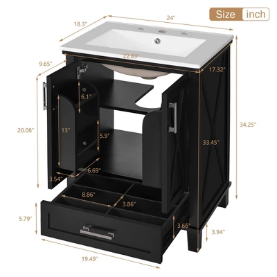 24"/30"W Bathroom Vanity With Ceramic Basin, Bathroom Storage Cabinet With Divided Drawer, Door Shelves & Soft Close Door - ModernLuxe 9 24"/30"W Bathroom Vanity With Ceramic Basin, Bathroom Storage Cabinet With Divided Drawer, Door Shelves & Soft Close Door - ModernLuxe - Image 7
