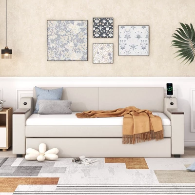 ModernLuxe Twin Upholstered Daybed with Trundle, Storage Arms & USB 3 ModernLuxe Twin Upholstered Daybed with Trundle, Storage Arms & USB