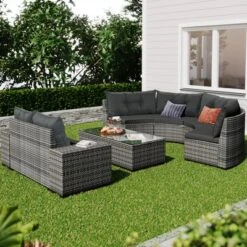 ModernLuxe 8-Piece Outdoor Half-Moon Sectional Rattan Conversation Set with Coffee Table