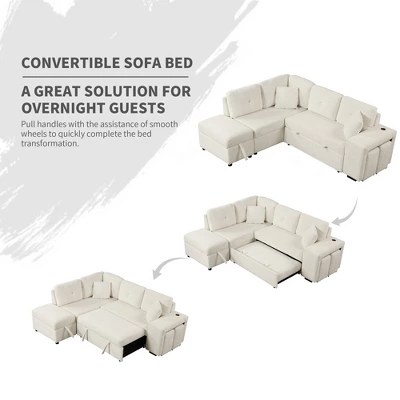 87.7" Convertible Pull Out Sleeper Sofa Bed With Storage Ottoman, 2 Stools, Wireless Charger And USB Ports 4M-ModernLuxe 5 87.7" Convertible Pull Out Sleeper Sofa Bed With Storage Ottoman, 2 Stools, Wireless Charger And USB Ports 4M-ModernLuxe - Image 3