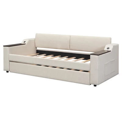 ModernLuxe Twin Upholstered Daybed with Trundle, Storage Arms & USB 8 ModernLuxe Twin Upholstered Daybed with Trundle, Storage Arms & USB - Image 6