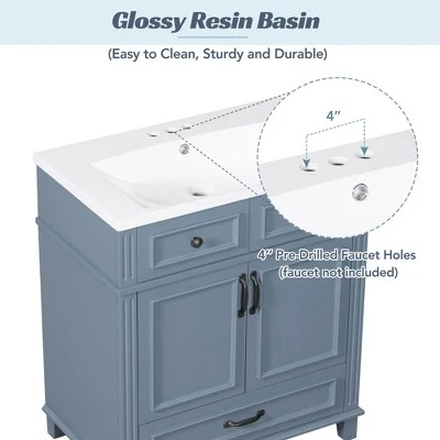 30''W Bathroom Vanity With Resin Sink, Retro Style Solid Wood Frame Bathroom Storage Cabinet With Soft Closing Doors And 1 Drawer - ModernLuxe 5 30''W Bathroom Vanity With Resin Sink, Retro Style Solid Wood Frame Bathroom Storage Cabinet With Soft Closing Doors And 1 Drawer - ModernLuxe - Image 3